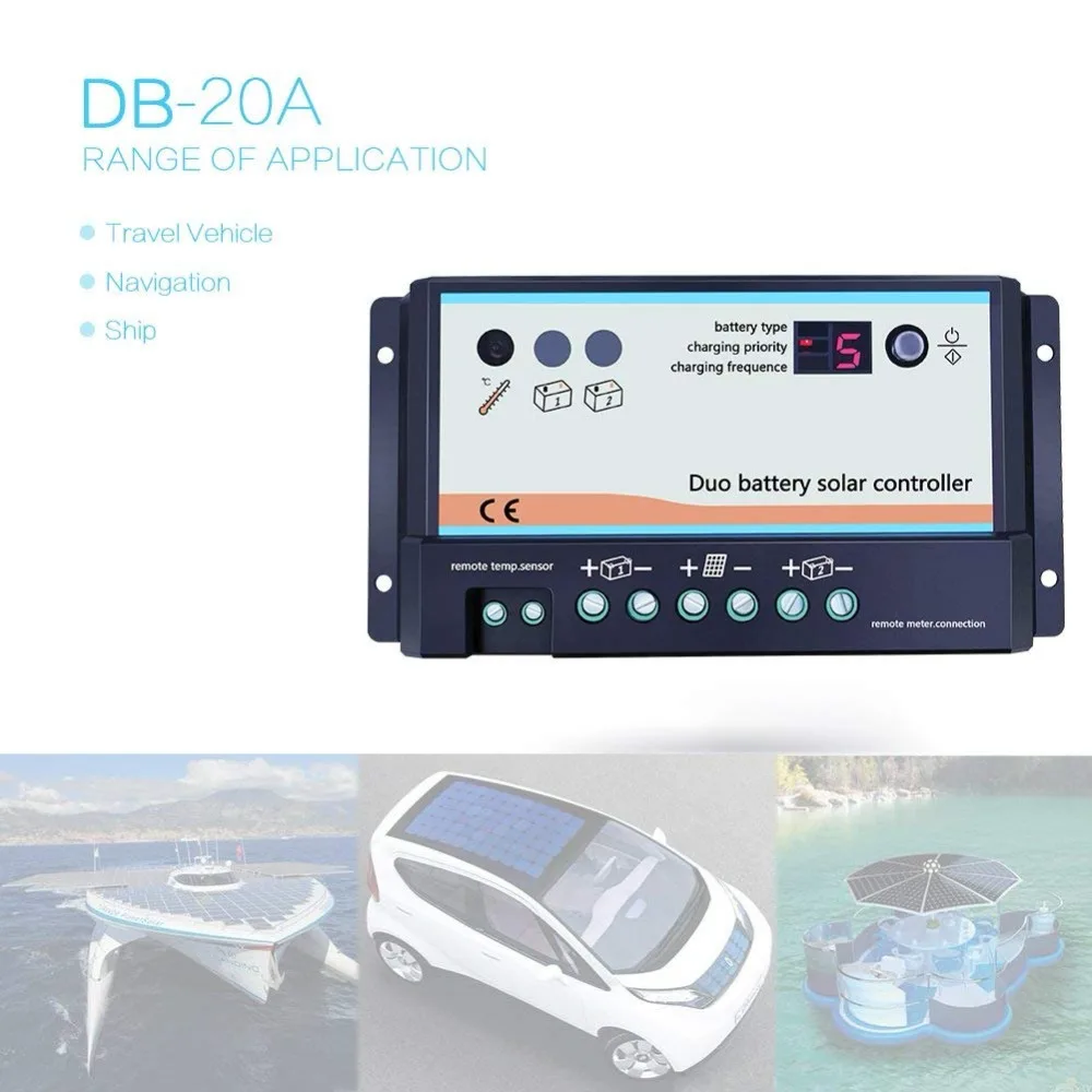EPever ШИМ DB-20A двойной Батарея за максимальной точкой мощности, Солнечный Контроллер заряда 12V 24V Авто дистанционный измеритель MT-1 и MC4 Регуляторы для двумя солнечными Системы