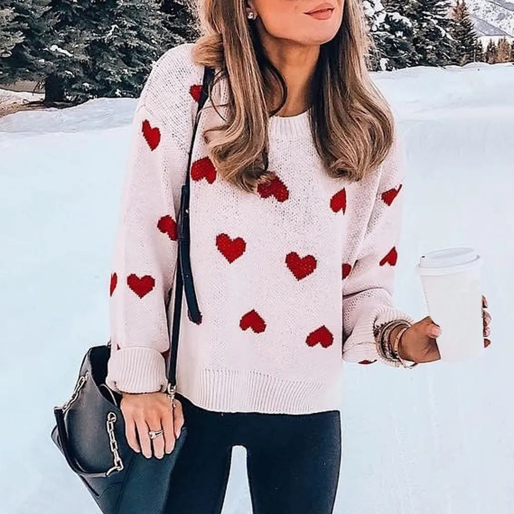 

Plus Size Winter Sweater Women Clothing Women O-Neck Sweater Long Sleeve Knitwear Heart Shape Pullover Top Blouse Autumn Winter