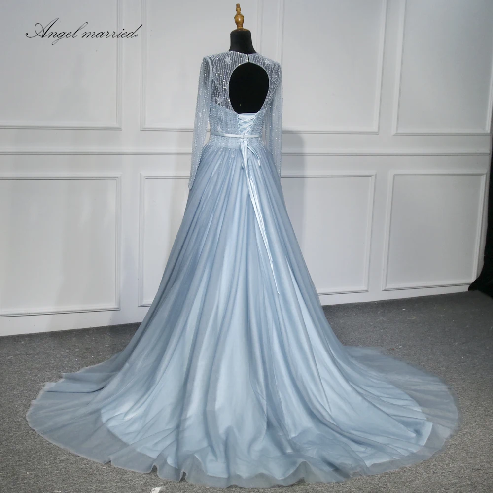 elegant blue Evening Dresses long sleeve banquet dress beaded women pageant gown a line tulle prom dress vestido de festa