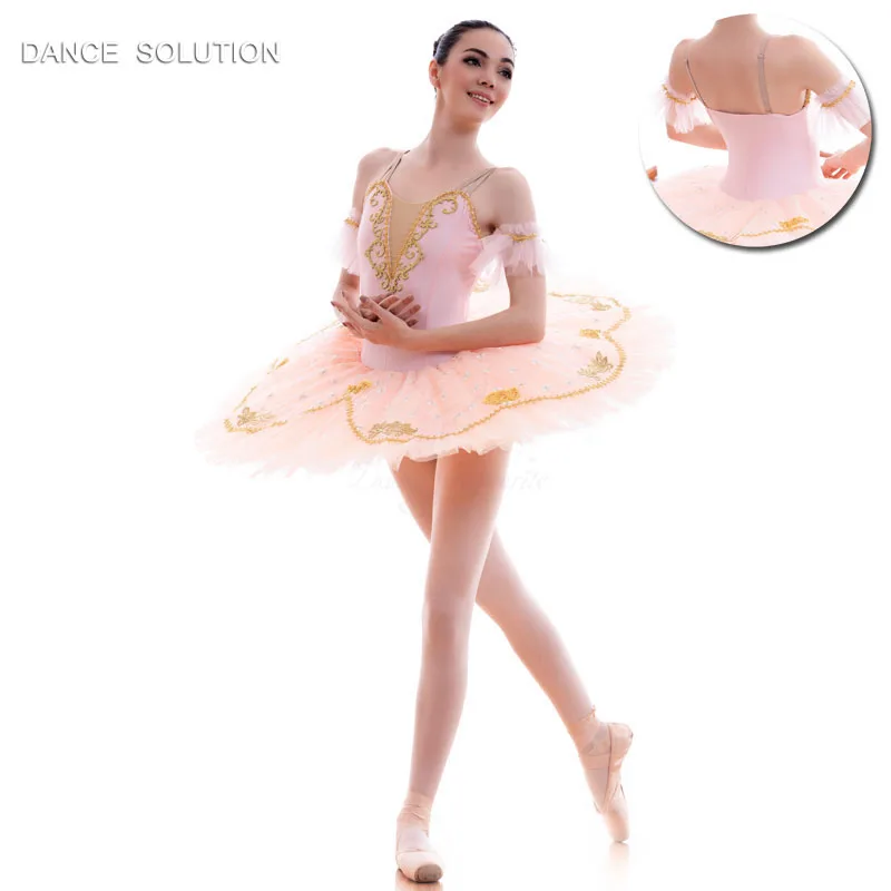 

Women & Girl Stage Performance Tutu Professional Dance Dress with Pale Pink Bodice and Gold Trim Ballet Costumes 2 Colors BLL020