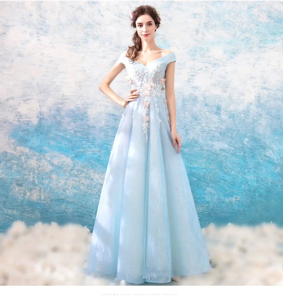 

New Arrival Women Sweet Elegant A-line Blue Color V-neck Floor-length Summer Dress AKN-066