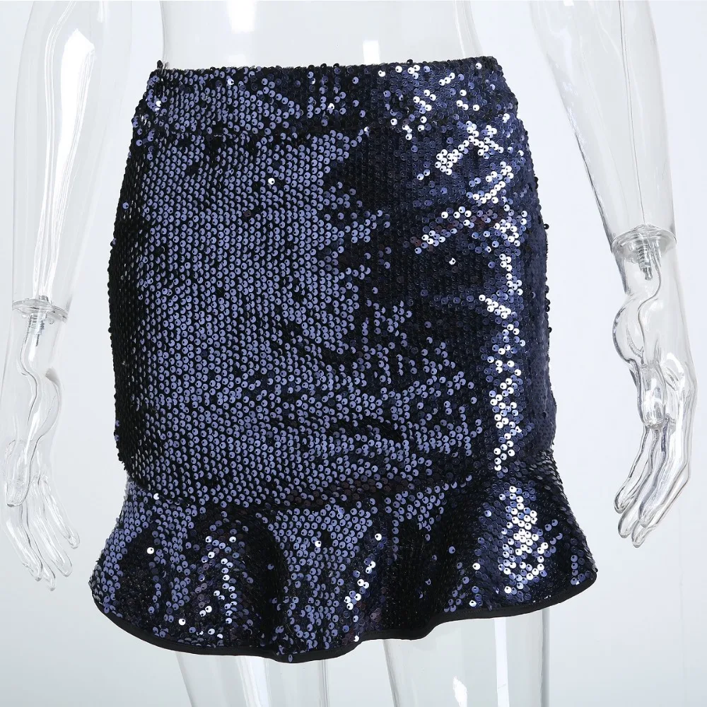 Women Summer Sexy Mini Mermaid Skirt 2018 Blue Sequins Ruffles Slim Zipper Shiny Female Short Evening Party Club Skirts | Женская одежда