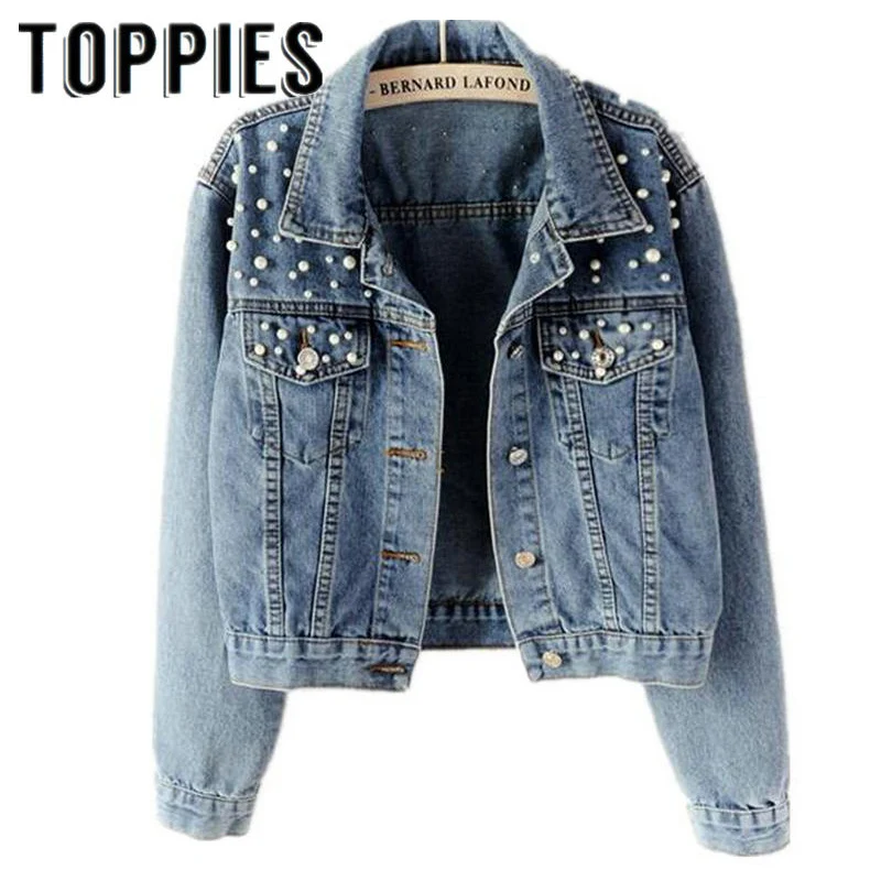 Online 2020 Frühling Herbst Frauen Licht Blau Perle Perlen Dünne Denim Jacken Koreanische Mode Streetwear Perle Jeans Mantel Frühling Outfit