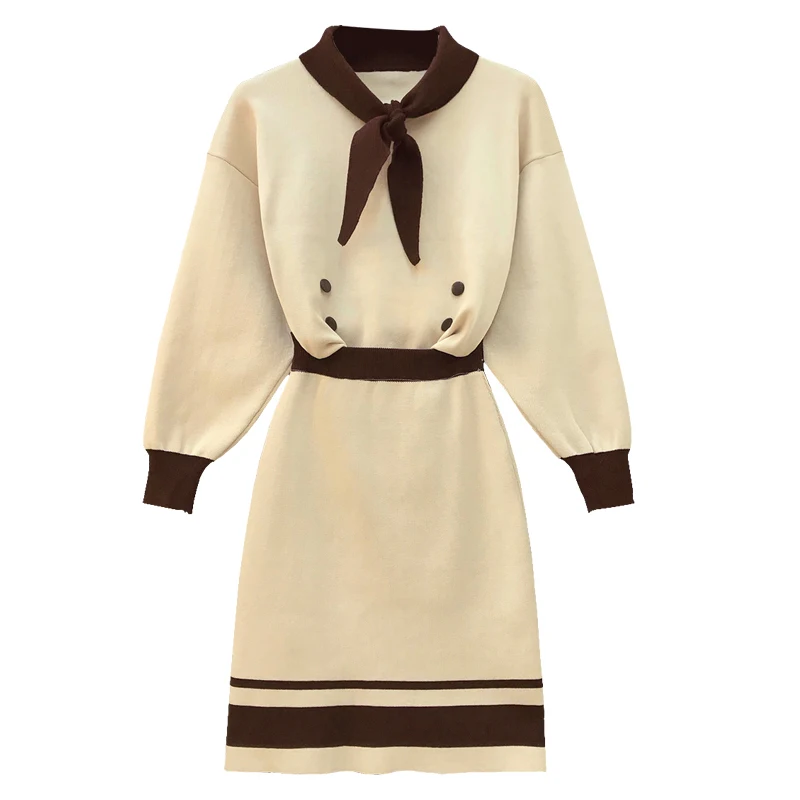 

PERHAPS U beige orange brown patchwork sailor collar full sleeve women knee length skirt knitted two pieces set elegant T0005