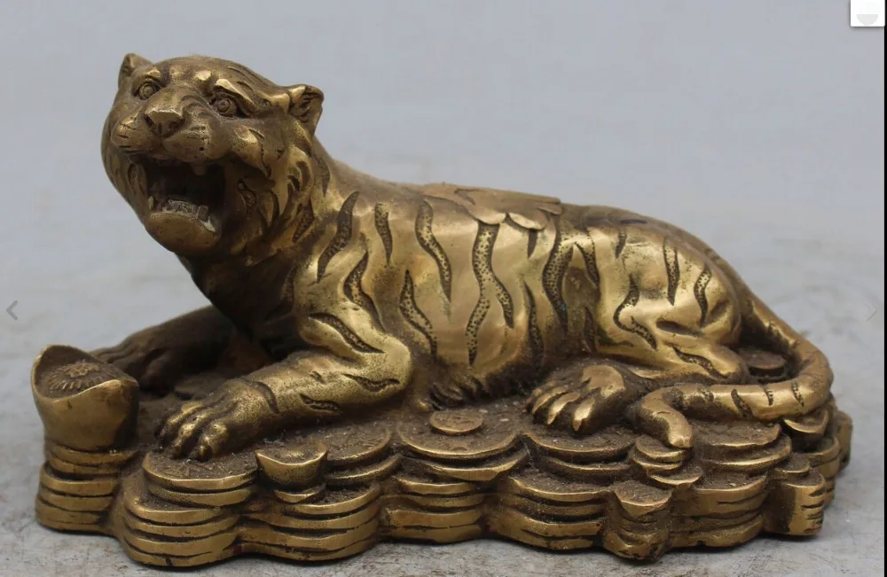 

S0010 7" Chinese Bronze Brass Wealth Money YuanBao Zodiac Year Animal Tiger Statue D0317