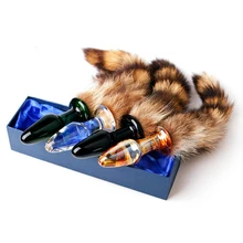 AUEXY Glass Anal Plugs Fox Tail Headed Pyrex Glass Dildo Crystal Fake Penis Women Men Masturation Tools Anal Butt Plugs
