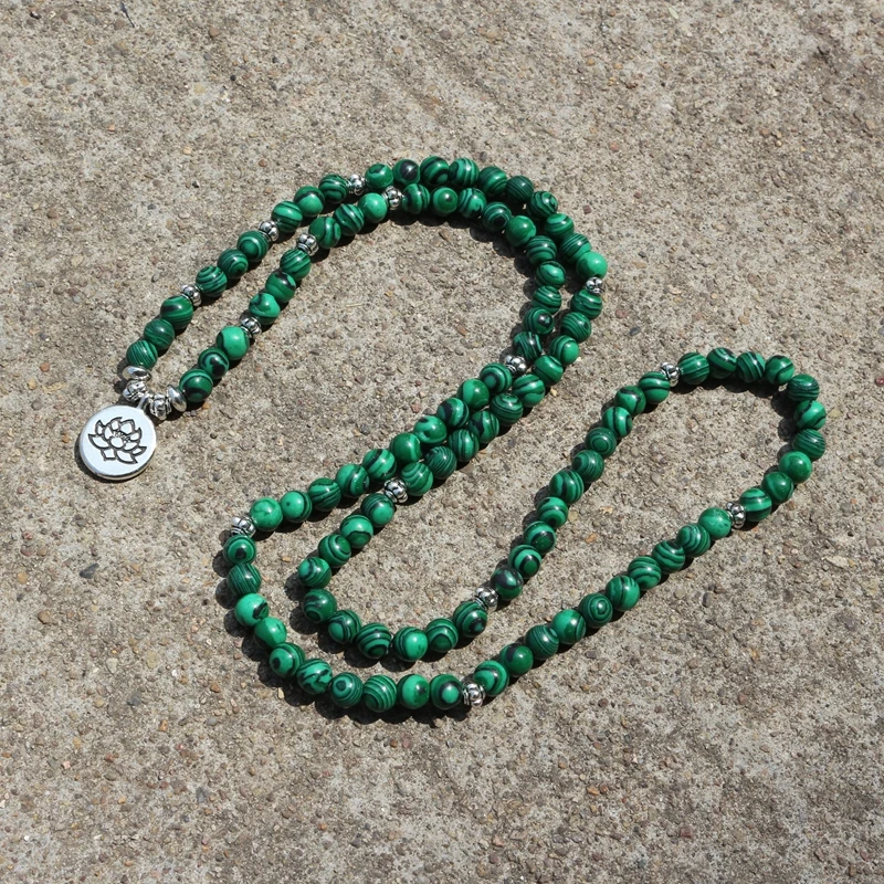 108 бусины/Зеленый Малахит с лотосом/Будда Шарм Йога браслет натуральный камень ювелирные изделия