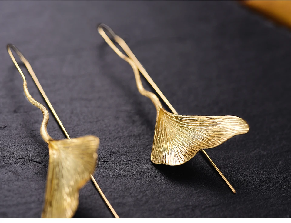 Muduh Collection Real 925 Sterling Silver Natural Handmade Designer Fine Jewelry Ginkgo Leaf Fashion Dangle Earrings for Women Brincos