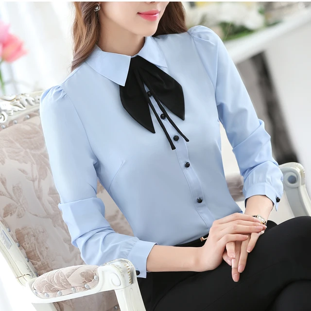 Blusas de mujer de moda 2018 mujeres camisa de manga larga ol elegante pajarita Blusa gasa más s-4xl trabajo desgaste Tops - AliExpress Mobile