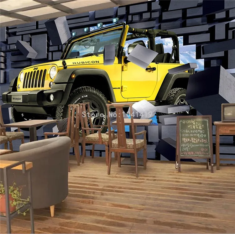 Пользовательские Настенные обои 3D мультфильм джип автомобиль сломанная стена Фреска ресторан кафе мальчик дети спальня фон Настенный декор обои 3 D