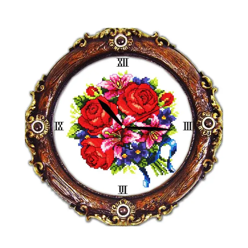 Wall Clock Cross Stitch Decorative Kit Small Roses Lily Flowers Bouquets Clocks Furniture