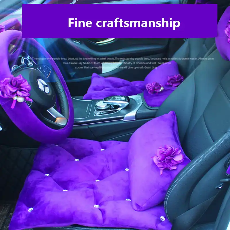 Purple Crystal Diamond Car Interior Accessories Flower Steering Wheel Cover Headrest Waist Support Auto Seat Cushion