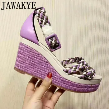 

Rainbow hemp weaving sandals women genuine leather wedge high heel shoes fashion buckle strap hemp rope sandals summer