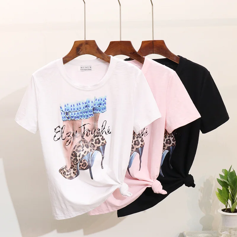 

European Station 2019 Spring Summer T-shirt Woman New Beaded Sequins High-heeled Short Sleeve Printed T Shirts Tee Tops Black