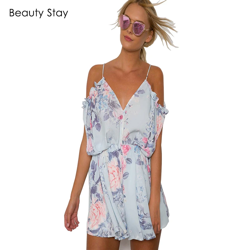BeautyStay Лето Раффлед без бретелек Для женщин комбинезон лотоса Leaft Печатных