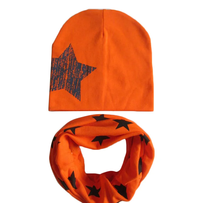 Детская шапка, Детская вязаная шапочка, детская зимняя шапочка, принт со звездой, шарф на шею, воротник, теплая шапка, комплект для малышей, капюшон, хлопок, теплая шапка, шарф - Цвет: B orange