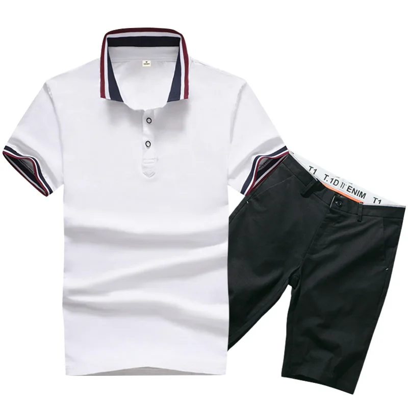 Man Polo Shirt Set Summer Brown White Male Quality Short Sleeve Knee Length Men Polo-shirts Shorts Suit