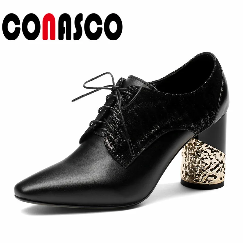 

CONASCO Brand Women Basic Pumps Sexy Pointed Toe Lace Up Night Club Dancing Shoes Woman Cow Leather Quality Black Office Pumps