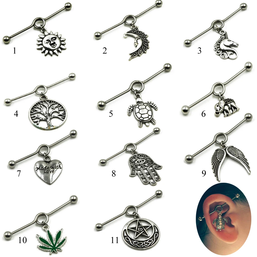 

1pc Surgical Steel Sun,Leaf,Moon,Heart,Wing Tribal Wiccan Pagan Tragus Cartilage Helix Industrial Barbell Piercing Earring