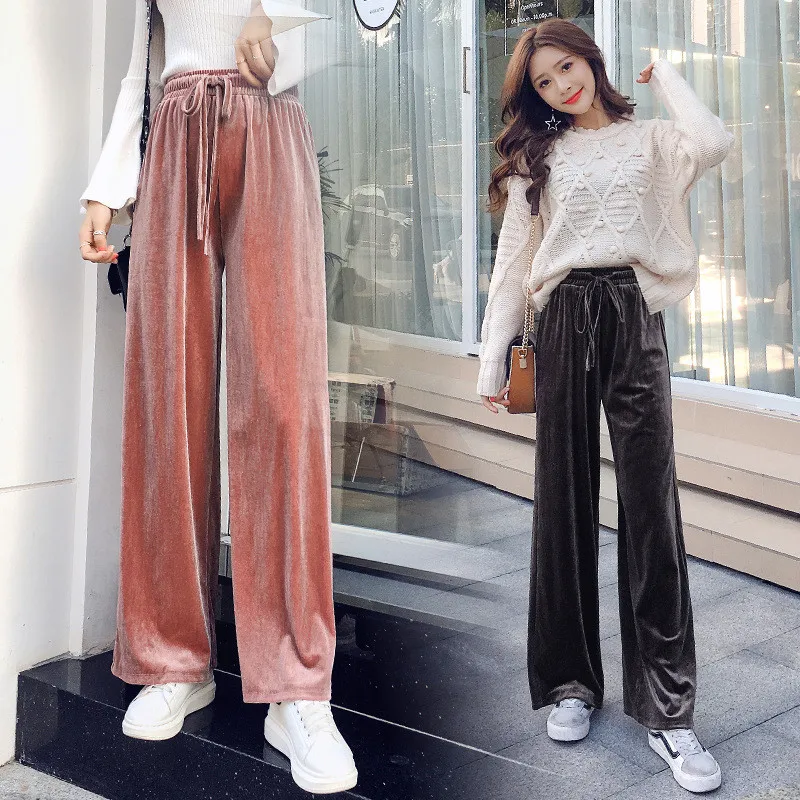 

New Autumn Drawstring Women Pants Korean Winter Solid Color Baggy Wide Leg Pants Harajuku Velvet Trousers XS-XXL