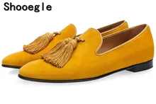 SHOOEGLE Luxury Suede Slippers Men Tassel Loafers Shoes Velour Smoking Slip-on Men's Flats Party Wedding Shoes Mens Dress Shoes christia bella metal signature shark tooth rhinestone men loafers wedding party dress shoes smoking slippers casual men flats