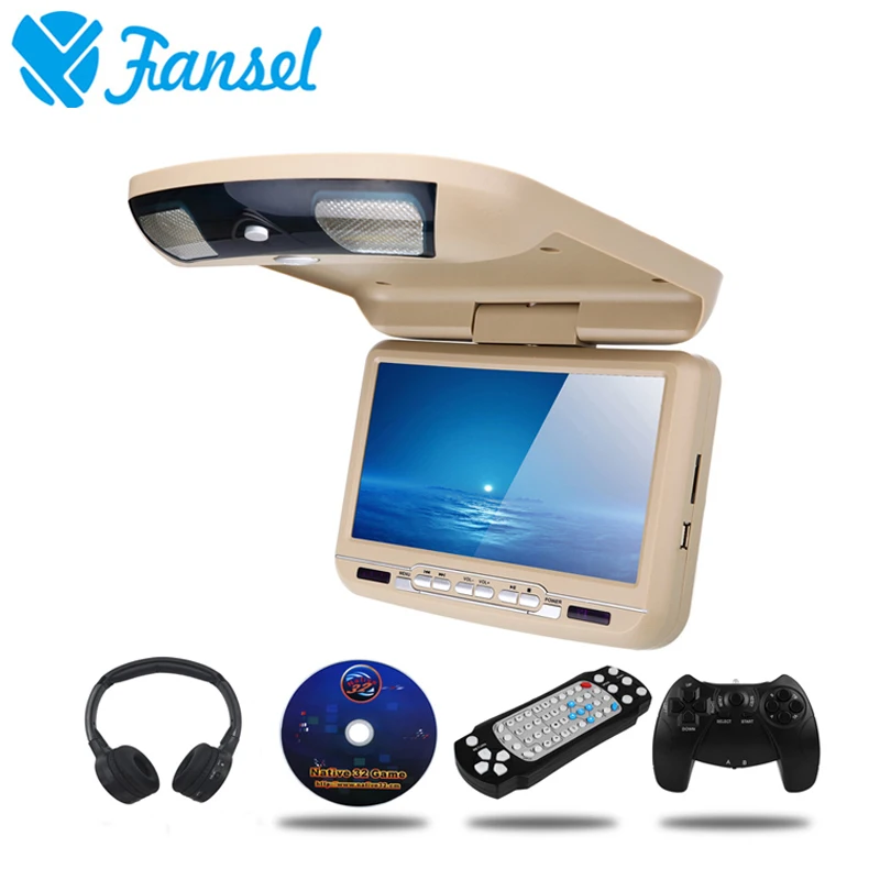 Fansel 9 дюймов автомобиля потолочный откидной монитор светодио дный цифровой Экран DVD плеер ИК FM передатчик USB SD MP5 Поддержка 32 бита игры