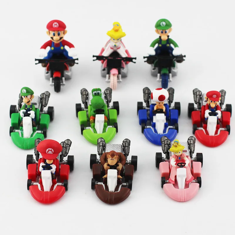10pcs/lot Super Mario Bros Kart Pull Back Cars Luigi Yoshi Toad Princess Peach Donkey Kong Mini Cars Gift For Children