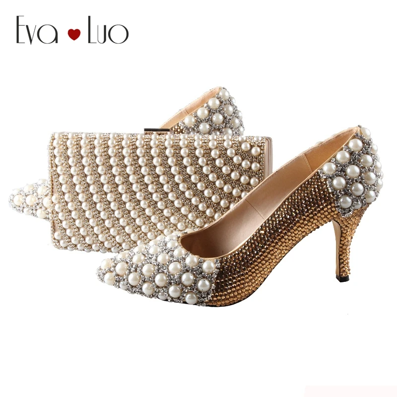 

BS007 Custom Made Pointed Toe Gold Rhinestones Italian Shoes With Matching Bag Set Bridal Wedding Shoes Women Shoes Dress Pums