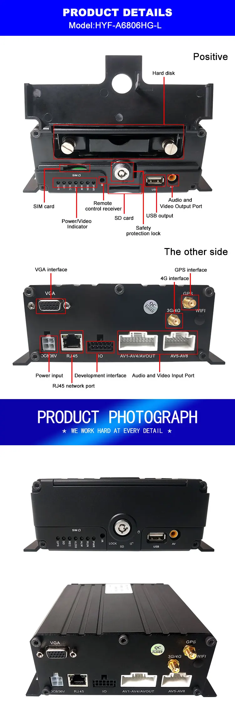 Audio and video 6-channel remote monitoring host SD+ hard disk cycle recording 4G GPS MDVR truck / taxi / bus /school bus
