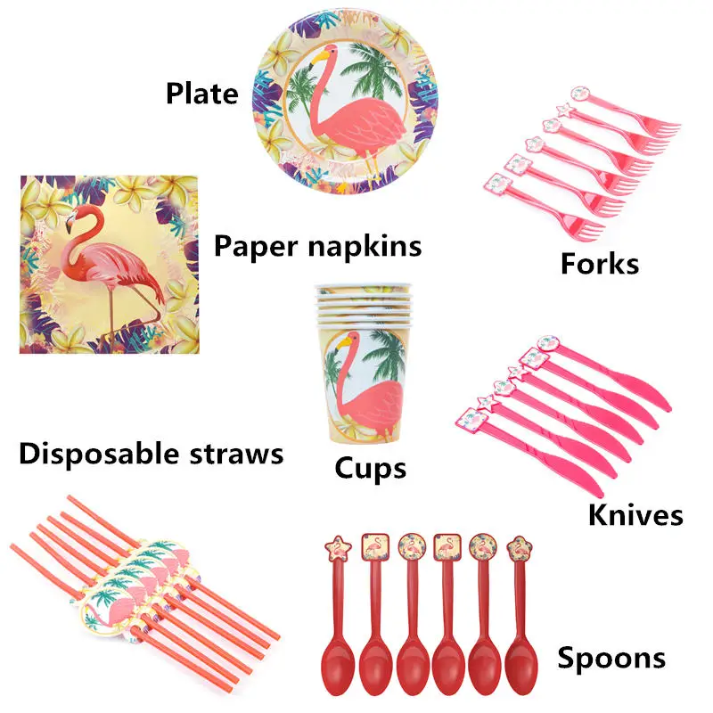 1 Pack Paper Disposable Tableware Flamingo Leaf Flower Plates Cups Forks For Kids Party Birthday