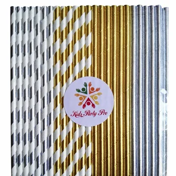 

200pcs Mixed 4 Designs Metallic Gold Silver Foil Paper Straws-Striped and Solid Plain Pure-Wedding Christmas Holiday Party Bulk