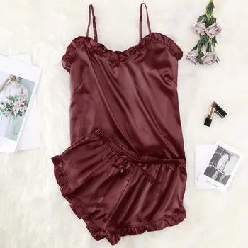

2PC Set Pajamas Red V-Neck Silk Solid Color Sleepwear Sets Ladies Summer Sexy New Nightwear Suits pijama unicornio adulto 4EM