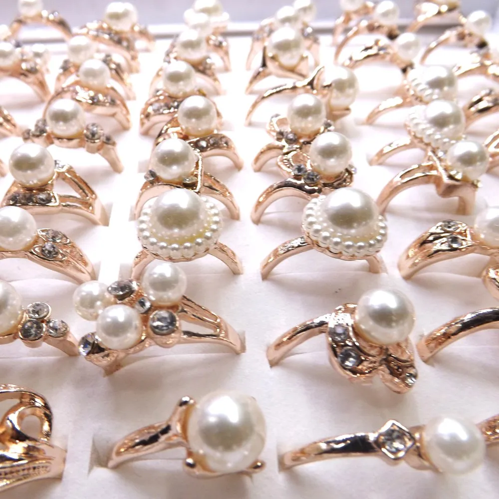

Trendy Rose Gold Color Imitation Pearl Rings Mix Models 50pcs/lot