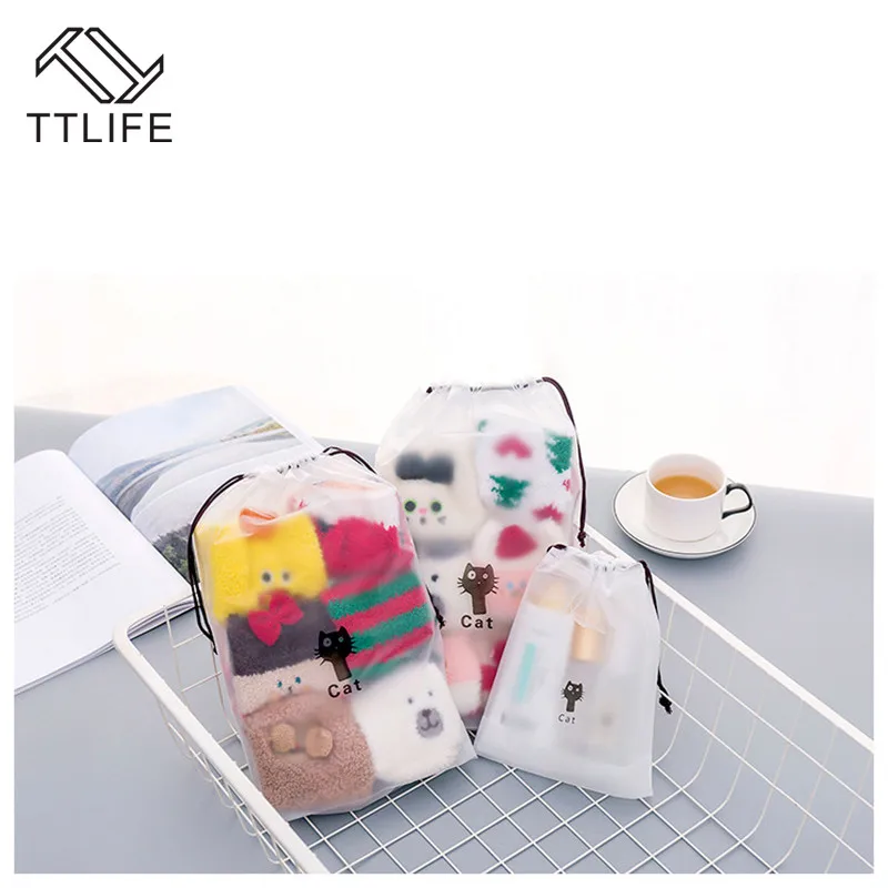 

TTLIFE 3 Sizes EVA Black Cat Drawstring Clothes Storage Bag Cartoon Animal Transparent Matte Dust-proof Travel Organizer Pouch