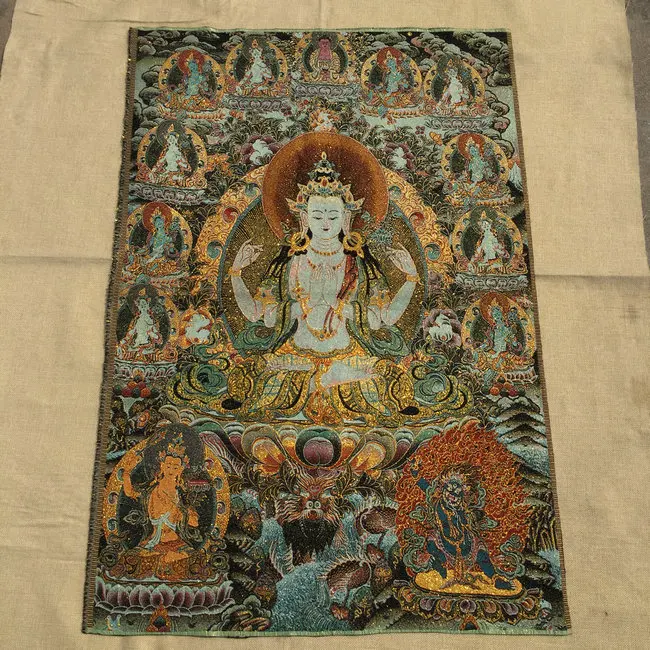 

Thangka Brocade painting Silk embroidery Embroidery Buddha Gold silk weave White Tara