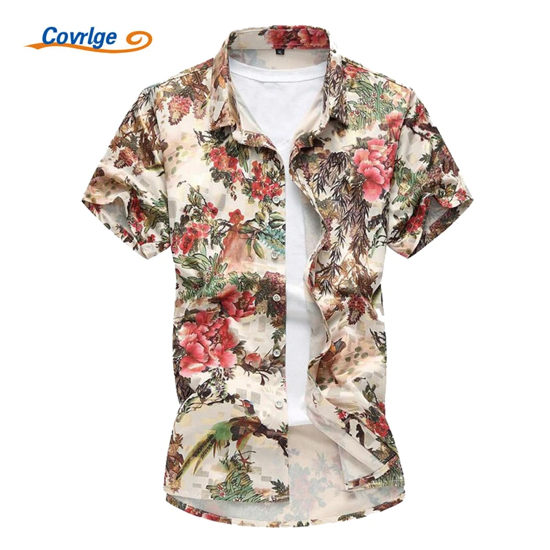 Covrlge Men Hawaiian Shirt 2018 Summer Fashion Mens Silk Cotton Shirts Short Sleeve Printed 