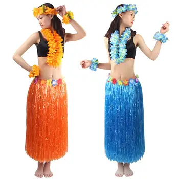 

5Pcs/Set Women Hawaiian Luau Elastic Grass Hula Skirt Headband Necklace Bracelet new