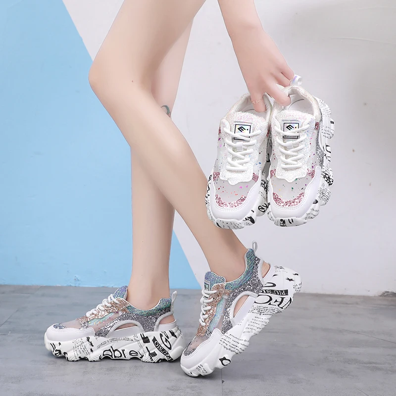 

2019 Summer New Women Chunky Sneakers Harajuku Dad Shoes Platform Sneakers Casual Breathable Mesh White Sneakers Casual Sandals