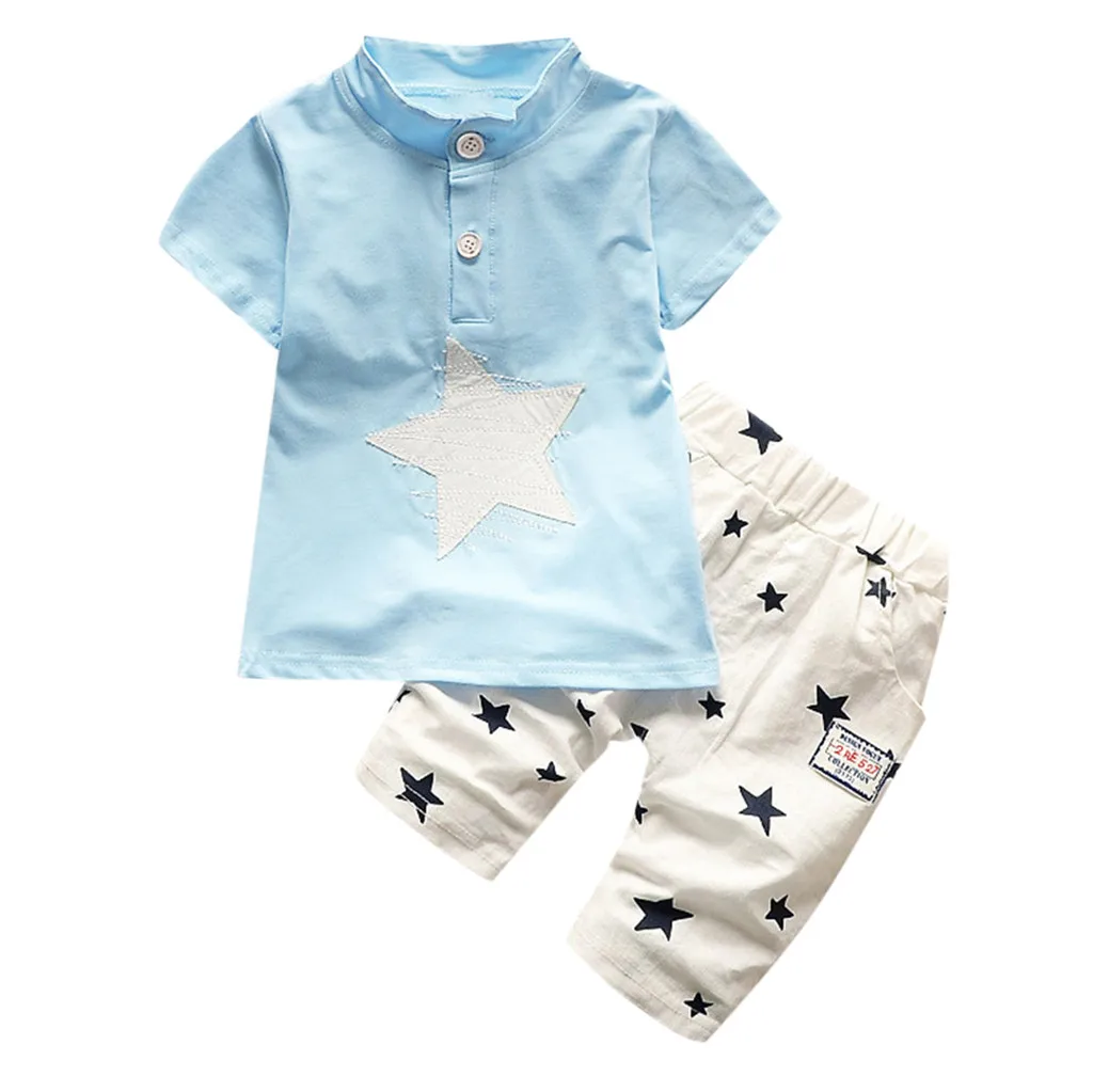 Детский спортивный костюм для маленьких мальчиков с короткими рукавами и принтом со звездой на пуговицах; комплект одежды с длинными штанами и принтом со звездой; модная детская одежда