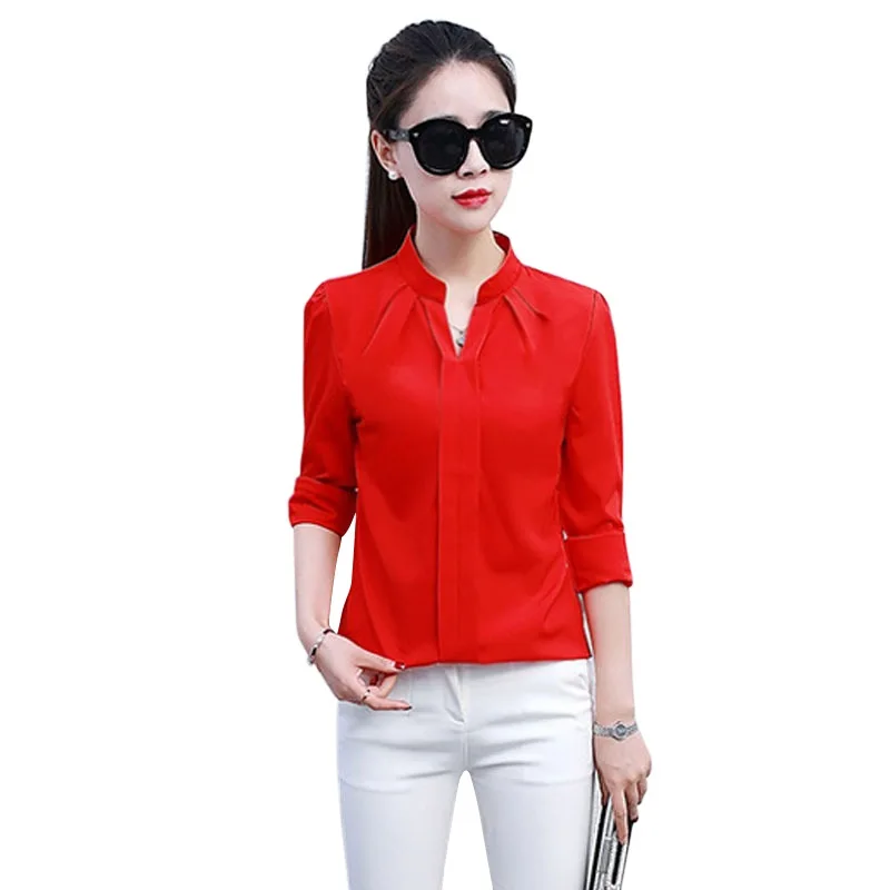 Женская Сексуальная шифоновая блузка с v-образным вырезом, Женская плиссированная рубашка с длинным рукавом, Элегантная стильная офисная блуза размера плюс - Цвет: Red