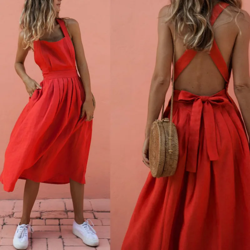 

Sexy Backless Bohemian Dress Women Summer Beach Sleeveless Button Red Dress Elegant Solid Square Collar Bandage Tunic Vestidos