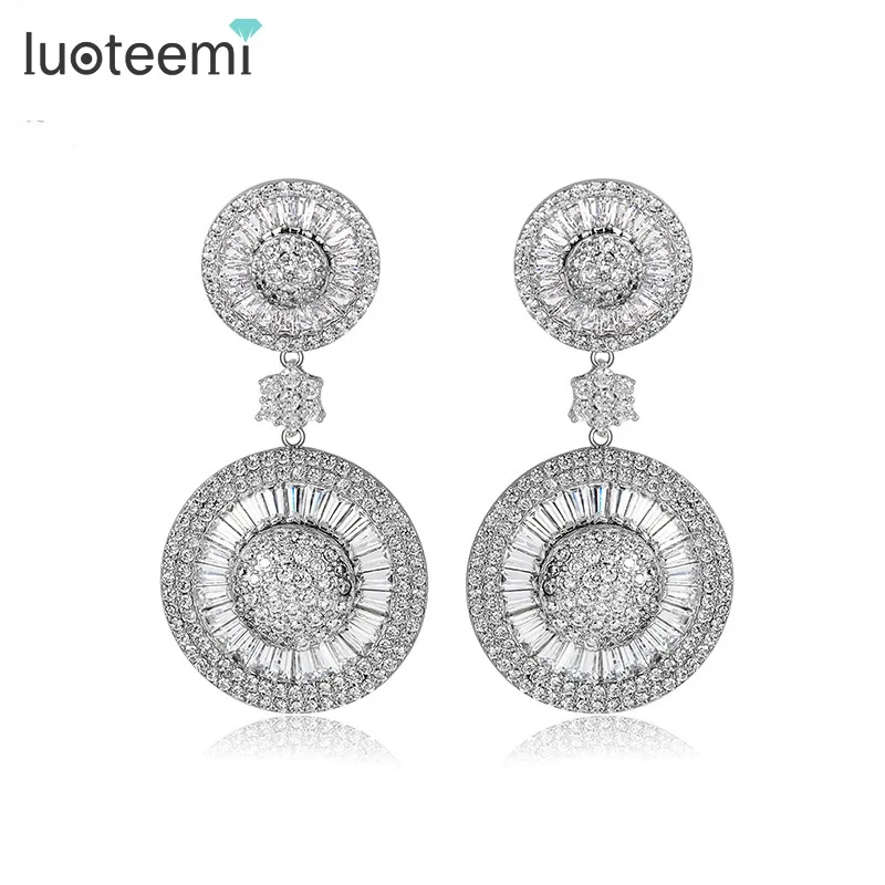 LUOTEEMI New Luxury Noble Dangle Shining CZ Crystal Double Round Brincos Statement Drop Earrings for Women Wedding Jewelry