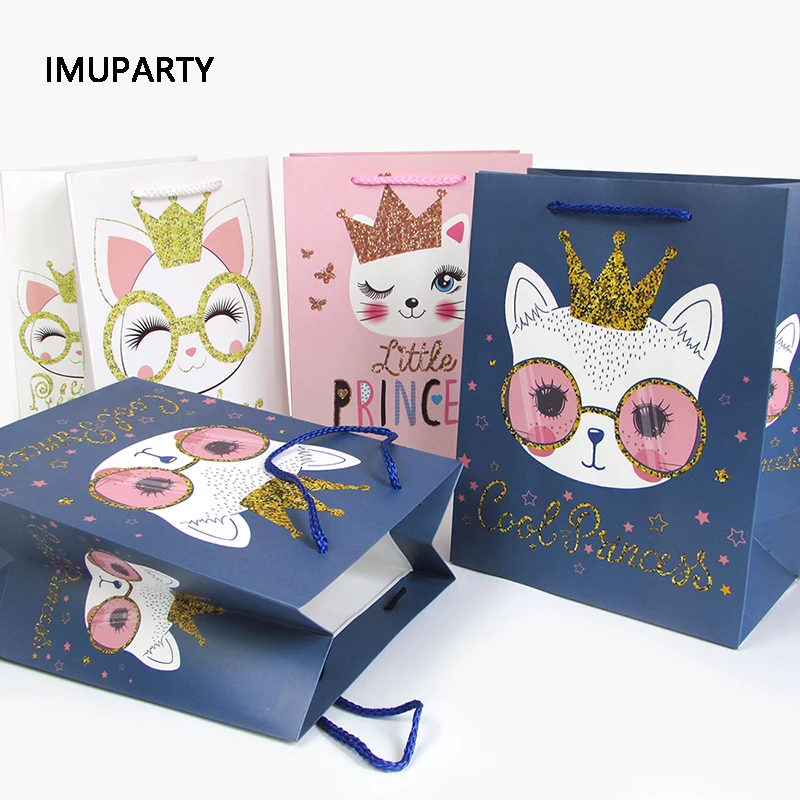 

6pcs/lot Cartoon Cat Gift Bag Little Princess Glasses Cat with Twinkle Crown Favors Packaging Bag for Kids Baby Shower Birthday