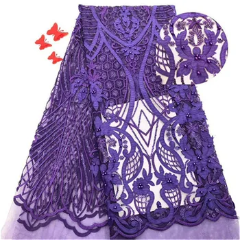 

Purple white 2019 New style French net lace fabric beads African tulle mesh lace fabric high quality african lace fabric