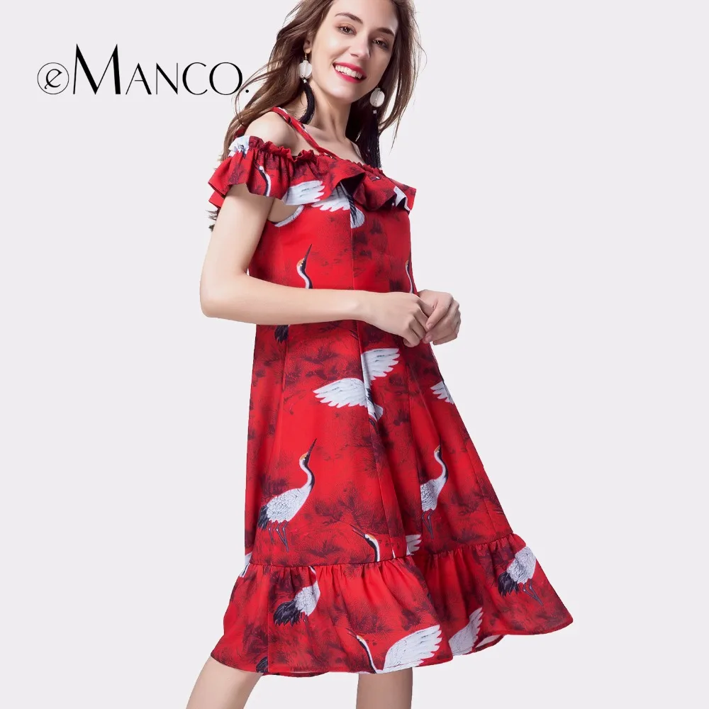 e-Manco Ruffle Floral Casual Off shoulder Red dress Fashion Printed Sleeveless Ruffles Keen-Length Sexy Spaghetti Strap Dress