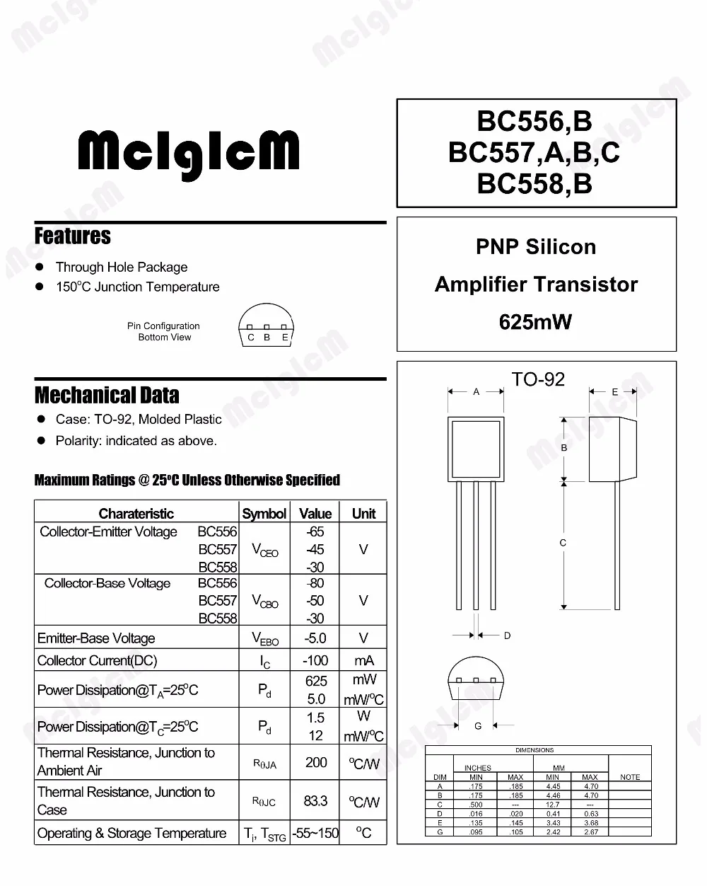 PNP bipolar 65V 0,1A 500mW TO92 DIOTEC SEMICONDUCTOR 20X BC556A Transistor 
