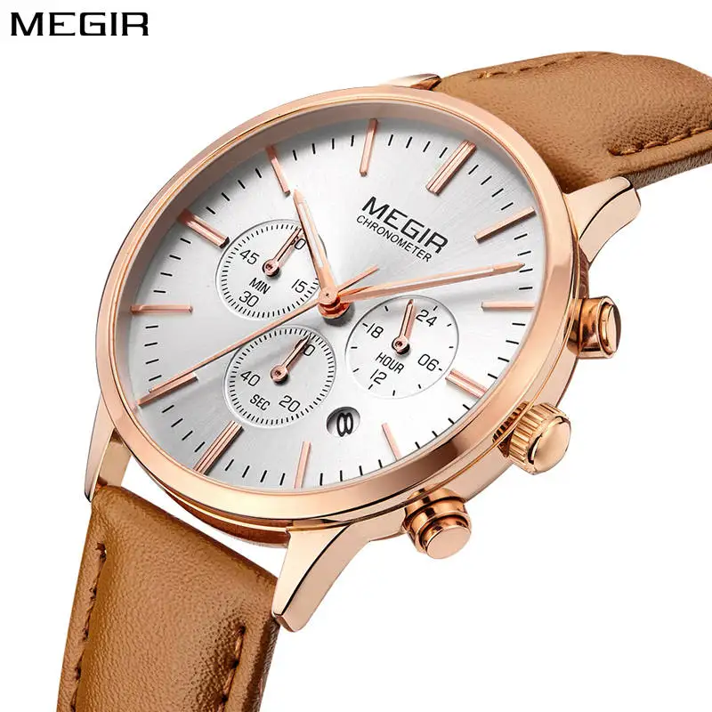 Женские кварцевые часы Megir розовое золото с кожаным ремешком 2018|wristwatch brand|wristwatch