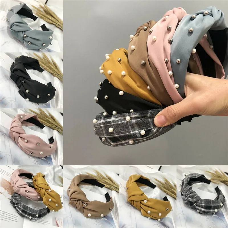 

Women Pearl Headband Hairbands Fashion Fabric Knot Head Band Hair Band Hair Accessories Khaki Pink