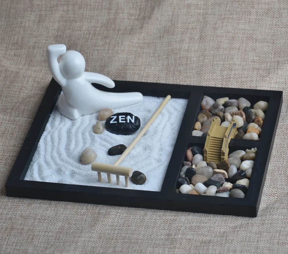 Stone Gift Wooden Craft Zen Sand Garden Ceramic Figurine Home