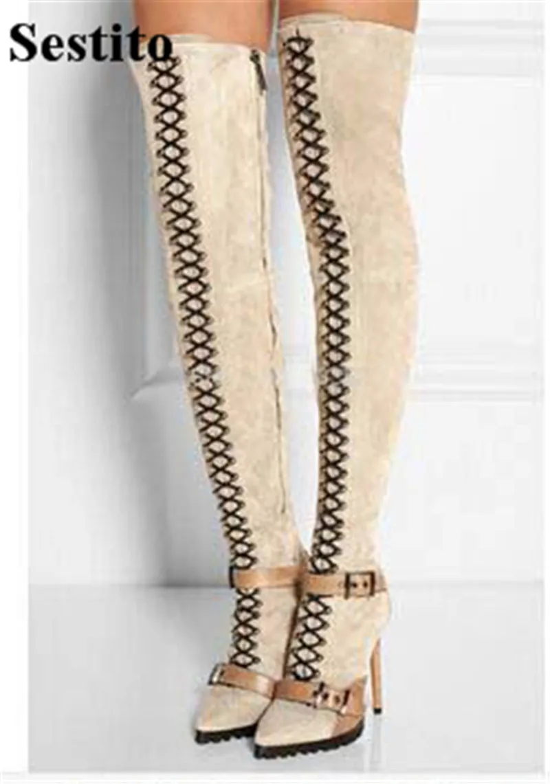 

New Black Cross-tied Flock Thigh High Boots Pointed Toe Over-the-Knee Boots Women Super High Heel Thin Heels Zip Ladies Shoes